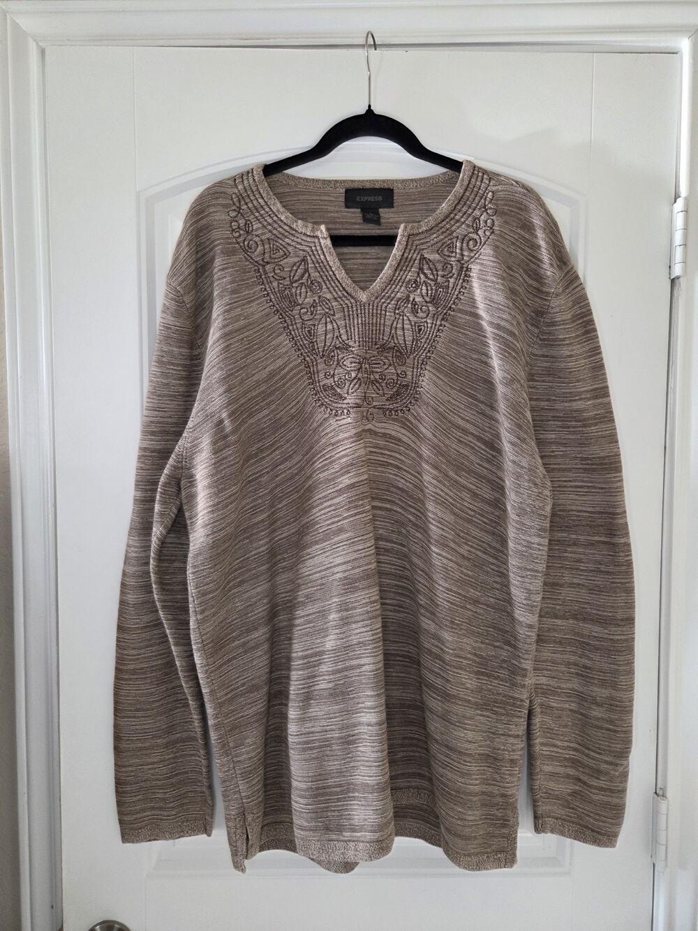 Vintage Express Space Dye Knit V-Neck Sweater Boho Embroidered Tan Brown XL